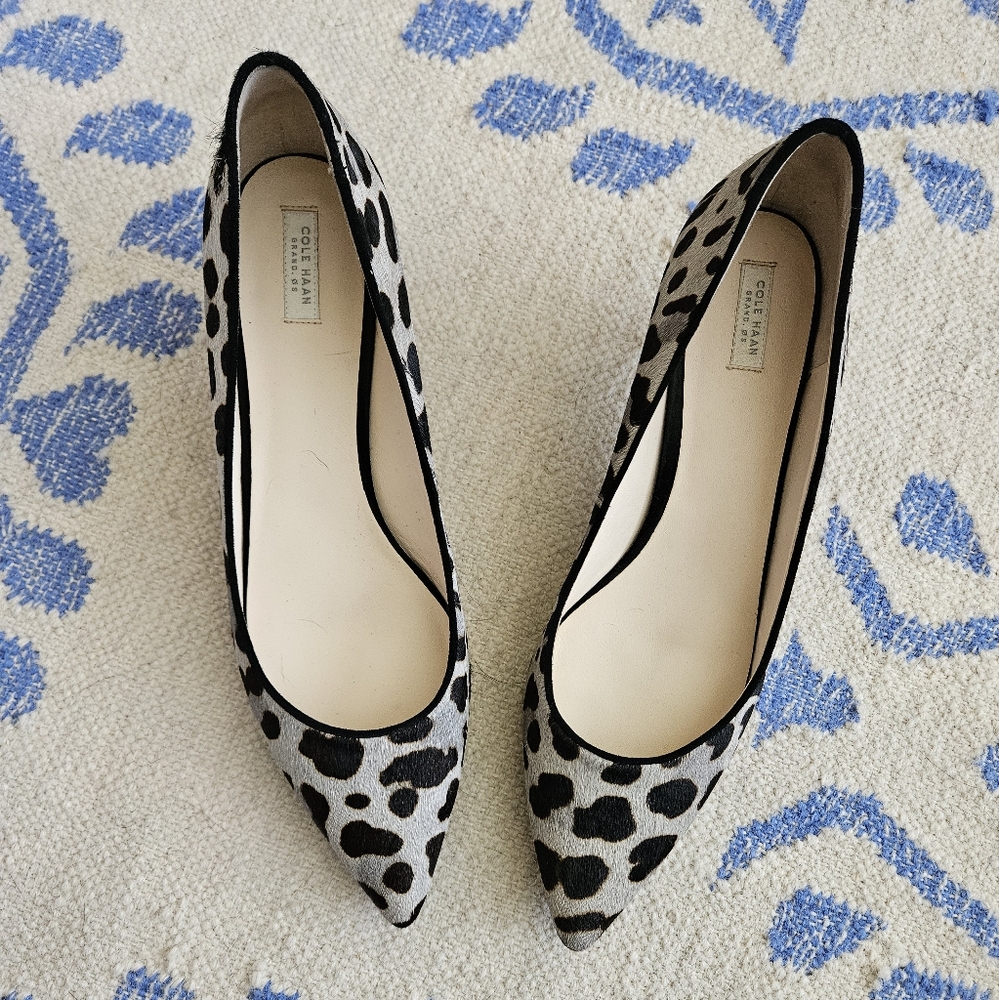 Size 11, Cole Haan leopard, gray, calf fur, kitten heels